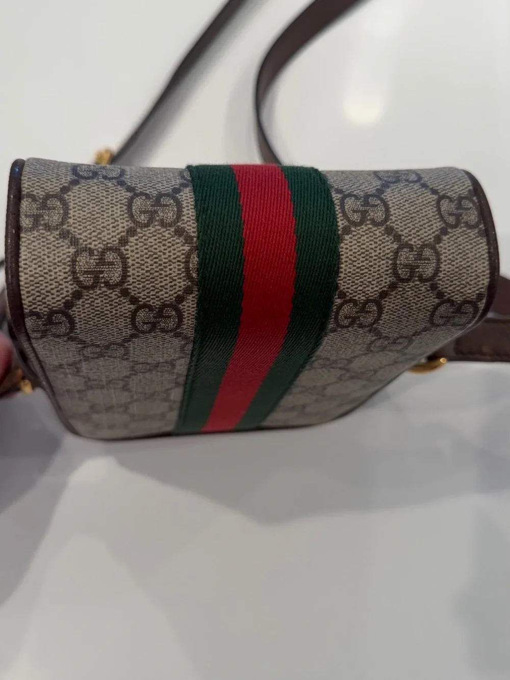 Gucci Beige/Brown GG Supreme Crossbody with Green-Red Web